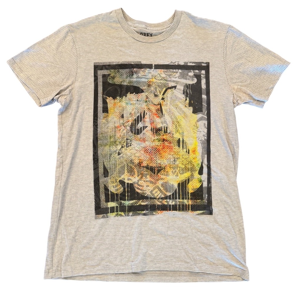 Obey Mens T-Shirt Medium Grey White Micro Stripe Abstract Graphic Print USA Made
